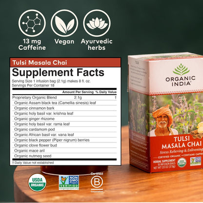 ORGANIC INDIA Tulsi Moringa Tea Bags - Holy Basil, Lemongrass, Moringa Leaves, Stress Relieving & Nourishing, Immune Support Tea, Vegan, Certified Organic, Caffeine-Free - 18 Infusion Bags, 6 Pack