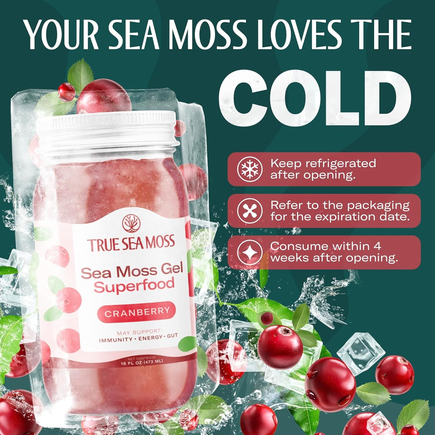 TrueSeaMoss Sea Moss Gel – Made in USA – Wildcrafted Seamoss, Fresh Fruits & Sea Vegetables – Cherry, Pack of 1 (Labels May Vary)