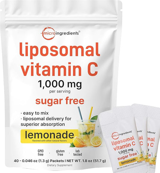 Micro ingredients Liposomal Vitamin C 1,000mg | 40 Packets with Sugar Free Lemonade Flavor | Highly Bioavailable Fat Soluble Form | Liposomal Delivery for Superior Absorption | Antioxidants Supplement & Immune Support