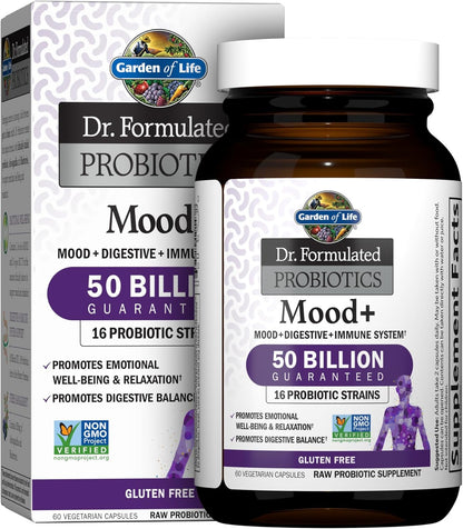 Garden of Life Probiotics Mood+ Dr Formulated Acidophilus Probiotic Supplement - Promotes Emotional Well-Being, Relaxation and Digestive Balance - Ashwagandha for Stress Management, 60 Veggie Caps