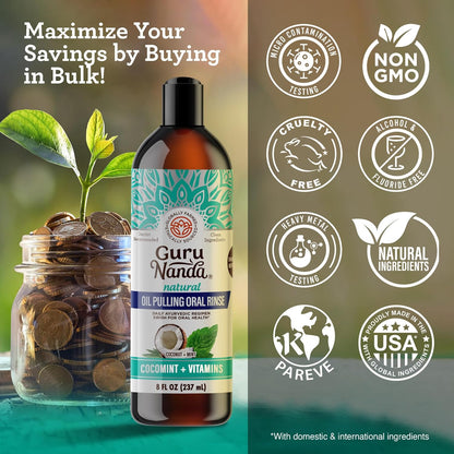 GuruNanda CocoMint Oil Pulling Mouthwash for Complete Oral Hygiene, 7 Essential Oils & Vitamins for Happy Teeth & Gums & Fresh Breath, Alcohol-Free, 16 oz