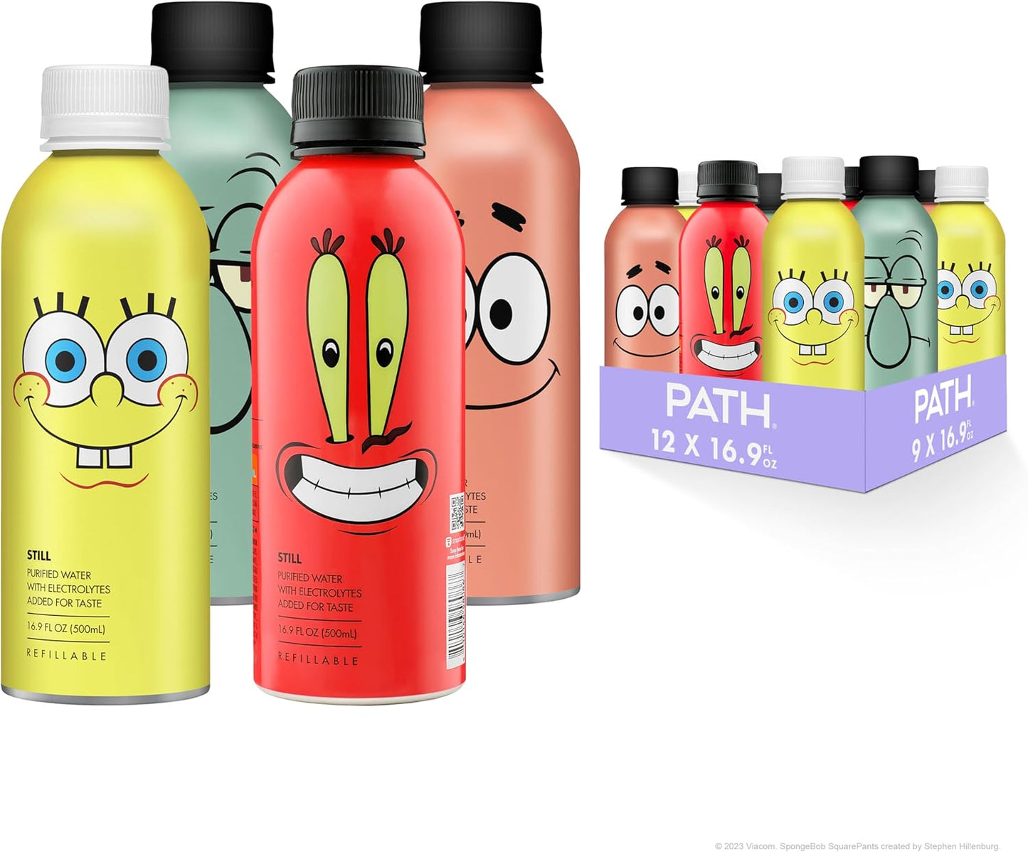 PATHWATER Still Water Ultra-Purified, pH-Balanced, Locally Sourced SpongeBob All-Stars Variety Pack Aluminum Bottle BPA Free, Reusable, Infinitely Recyclable Bottled Water 16.9oz (Pack of 1)