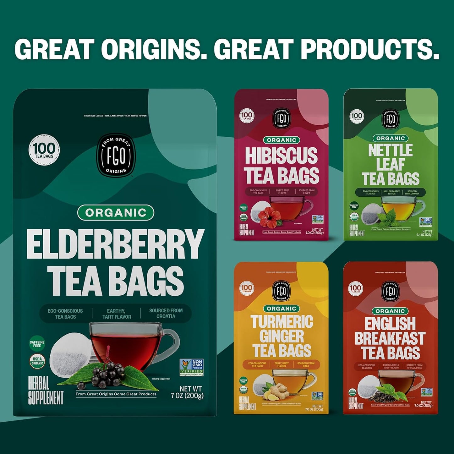 FGO Organic Nettle Leaf Tea, 100 Count, Eco-Conscious Tea Bags, Caffeine Free, Resealable Bag, Packaging May Vary (Pack of 1)