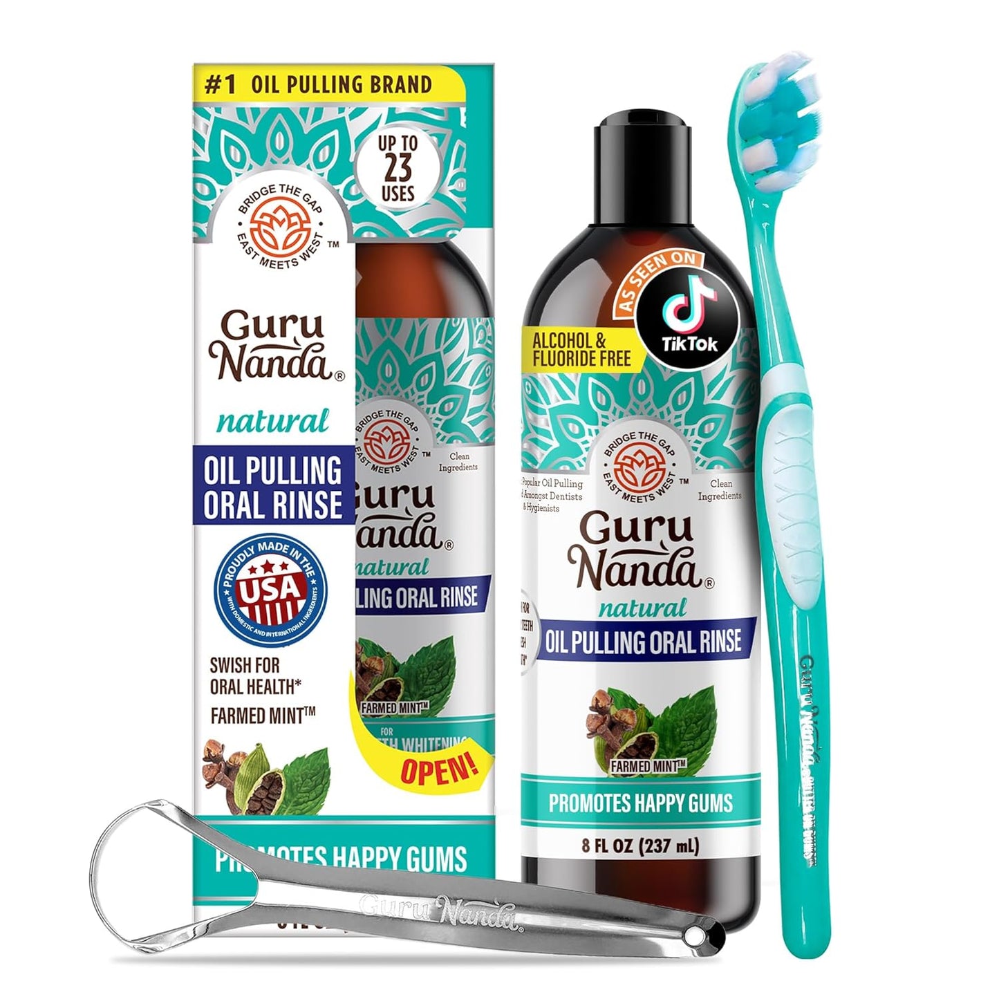 GuruNanda CocoMint Oil Pulling Mouthwash for Complete Oral Hygiene, 7 Essential Oils & Vitamins for Happy Teeth & Gums & Fresh Breath, Alcohol-Free, 16 oz