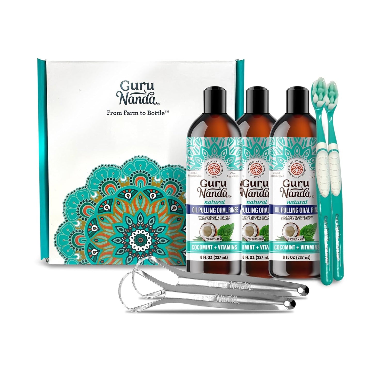 GuruNanda CocoMint Oil Pulling Mouthwash for Complete Oral Hygiene, 7 Essential Oils & Vitamins for Happy Teeth & Gums & Fresh Breath, Alcohol-Free, 16 oz