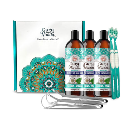 GuruNanda CocoMint Oil Pulling Mouthwash for Complete Oral Hygiene, 7 Essential Oils & Vitamins for Happy Teeth & Gums & Fresh Breath, Alcohol-Free, 16 oz