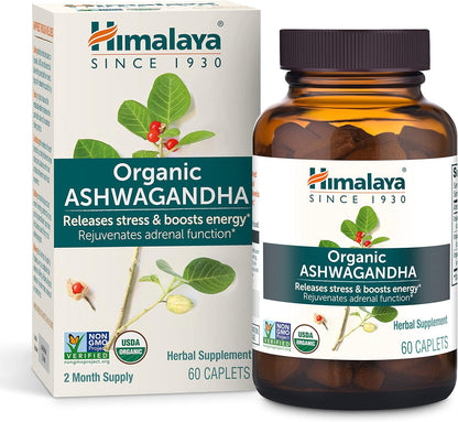 Himalaya Organic Ashwagandha, 60 Day Supply, Herbal Supplement for Stress Relief, Energy Support, Occasional Sleeplessness, Organic, Non-GMO, Vegan, Gluten Free, 670 mg, 60 Caplets