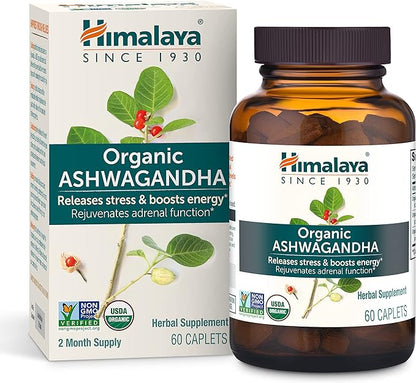 Himalaya Organic Ashwagandha, 60 Day Supply, Herbal Supplement for Stress Relief, Energy Support, Occasional Sleeplessness, Organic, Non-GMO, Vegan, Gluten Free, 670 mg, 60 Caplets