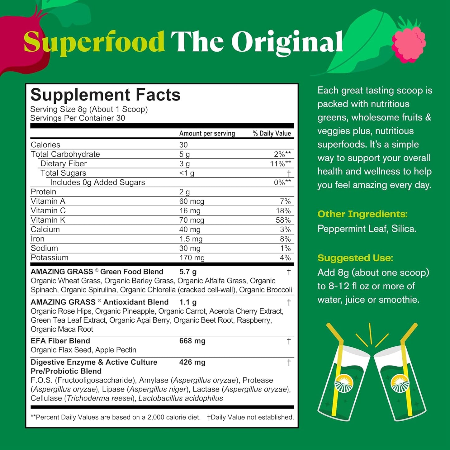 Amazing Grass Greens Superfood Powder: Greens Powder with Digestive Enzymes & Probiotics, Organic Spirulina, Chlorella, and Beet Root Powder, Original, 30 Servings