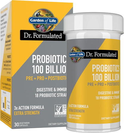 Garden of Life Dr Formulated Once Daily 3-in-1 Complete Probiotics, Prebiotics & Postbiotics Supplement for Women and Men’s Digestive & Immune Health – Extra Strength, 100 Billion CFU, 30 Day Supply
