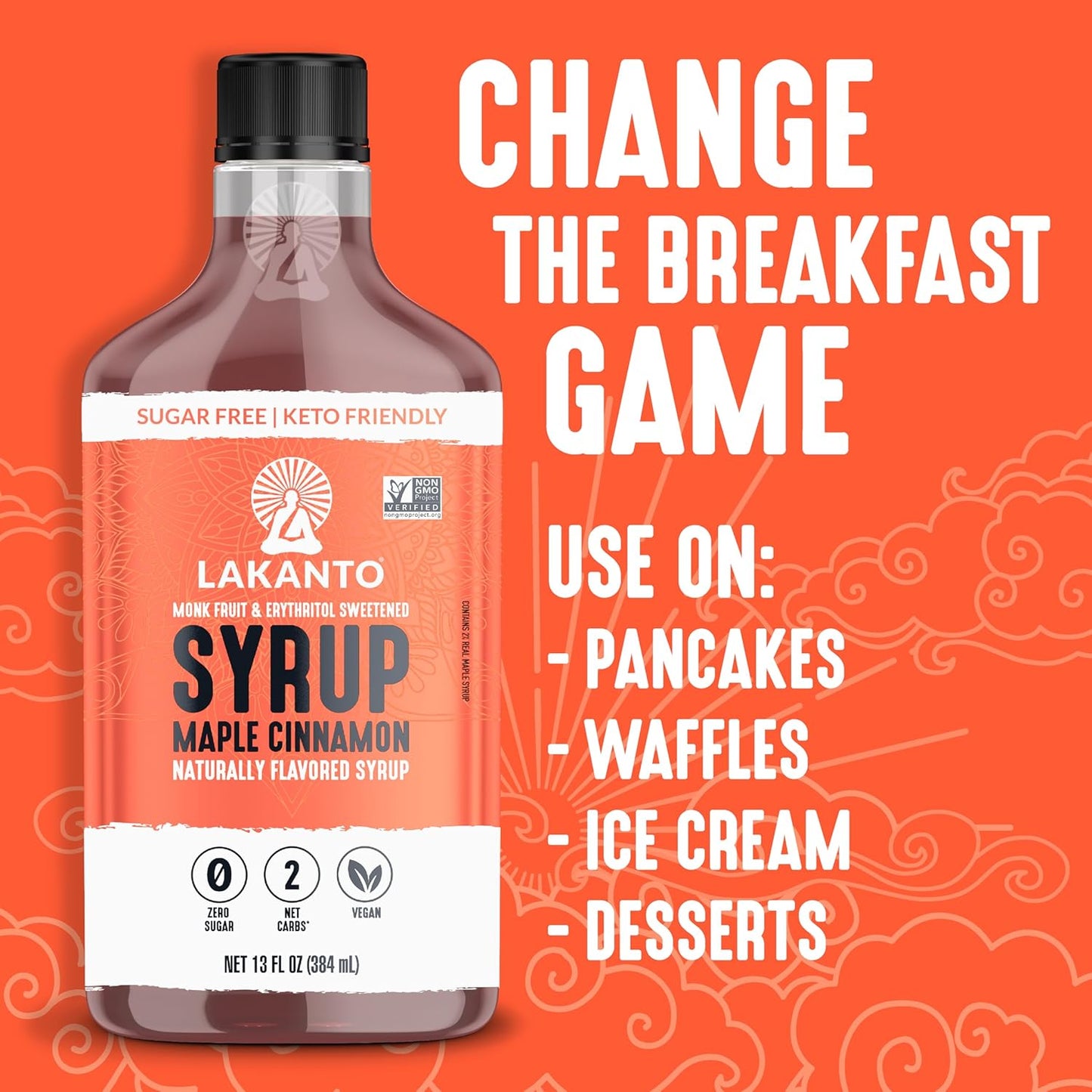 Lakanto Sugar Free Cinnamon Maple Syrup - Monk Fruit Sweetener, Keto Diet Friendly, Vegan, 2g Net Carbs, Pancakes, Waffles, Oatmeal, Coffee, Tea, Granola, Frosting, Marinade (13 Fl Oz - Pack of 1)