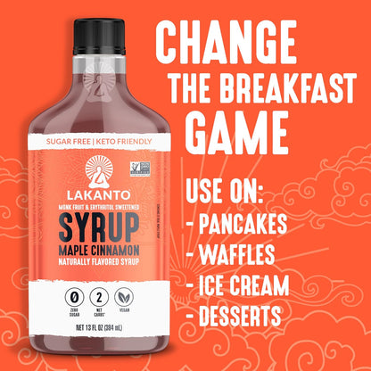 Lakanto Sugar Free Cinnamon Maple Syrup - Monk Fruit Sweetener, Keto Diet Friendly, Vegan, 2g Net Carbs, Pancakes, Waffles, Oatmeal, Coffee, Tea, Granola, Frosting, Marinade (13 Fl Oz - Pack of 1)