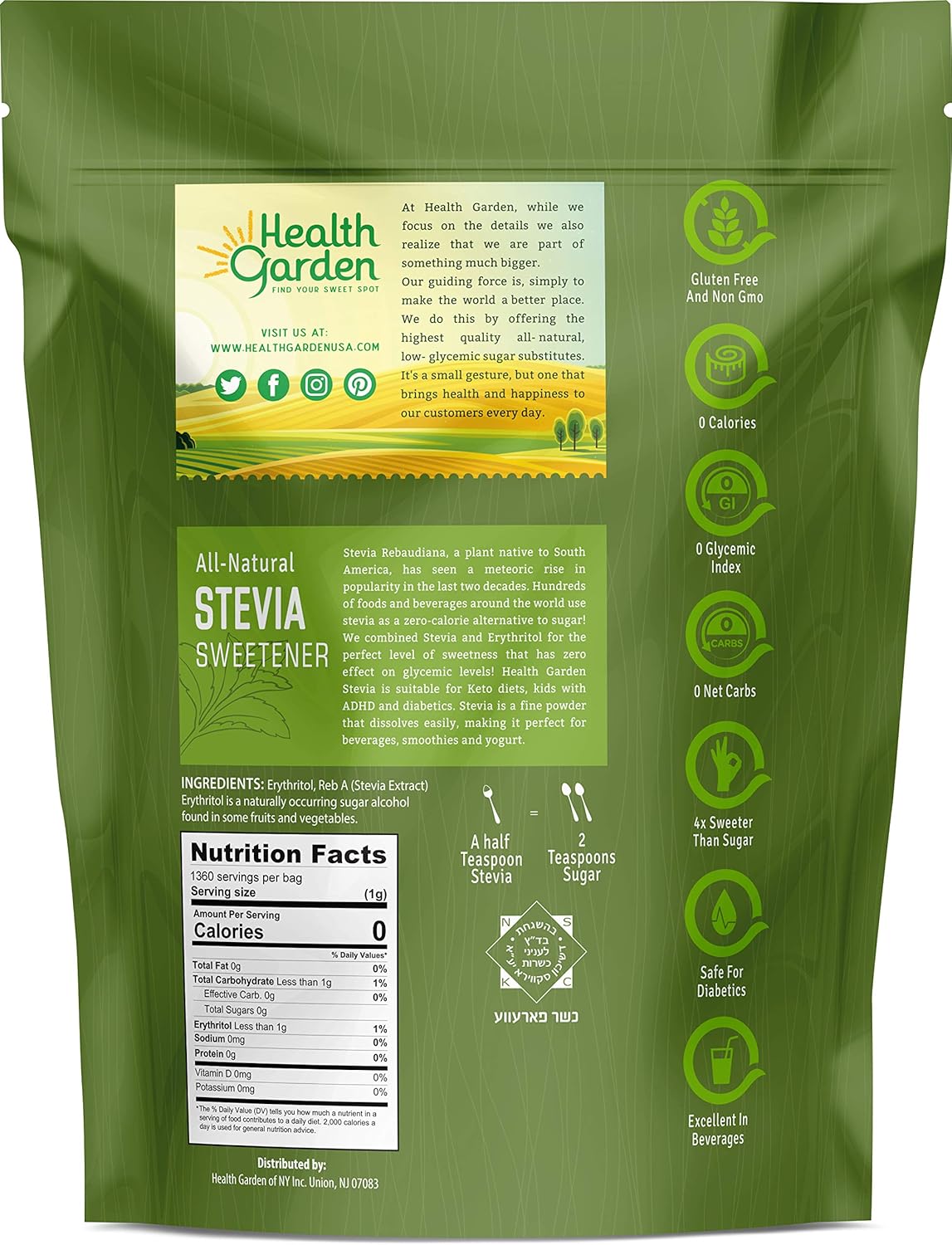 Health Garden Stevia Sweetener Powder - 4:1 Sugar Substitute - All Natural - Gluten Free - Keto Friendly - Tastes Like Sugar (2 lbs)