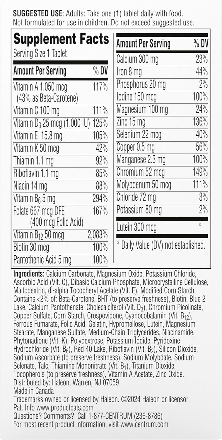 Centrum Silver Women's Multivitamin for Women 50 Plus, Multivitamin/Multimineral Supplement with Vitamin D3, B Vitamins, Non-GMO Ingredients, Supports Memory and Cognition in Older Adults - 100 Ct