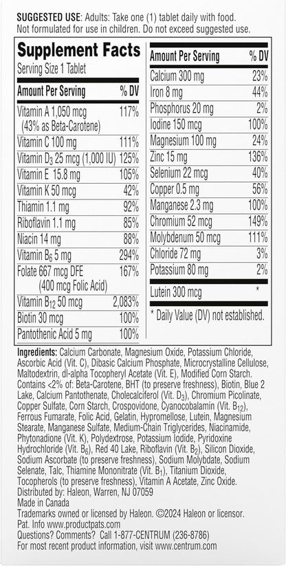 Centrum Silver Women's Multivitamin for Women 50 Plus, Multivitamin/Multimineral Supplement with Vitamin D3, B Vitamins, Non-GMO Ingredients, Supports Memory and Cognition in Older Adults - 100 Ct