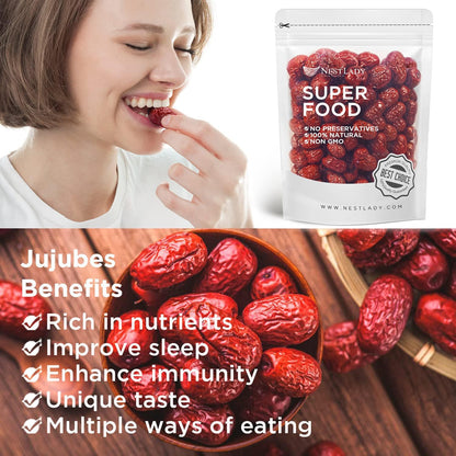 NESTLADY Premium Jujube Date, Red Date (Hong Zao), 100% Natural, Improve sleep, Health Snack, Dried Fruit, Sweet and Chewy Net weight: 454g (1LB),Packed in USA