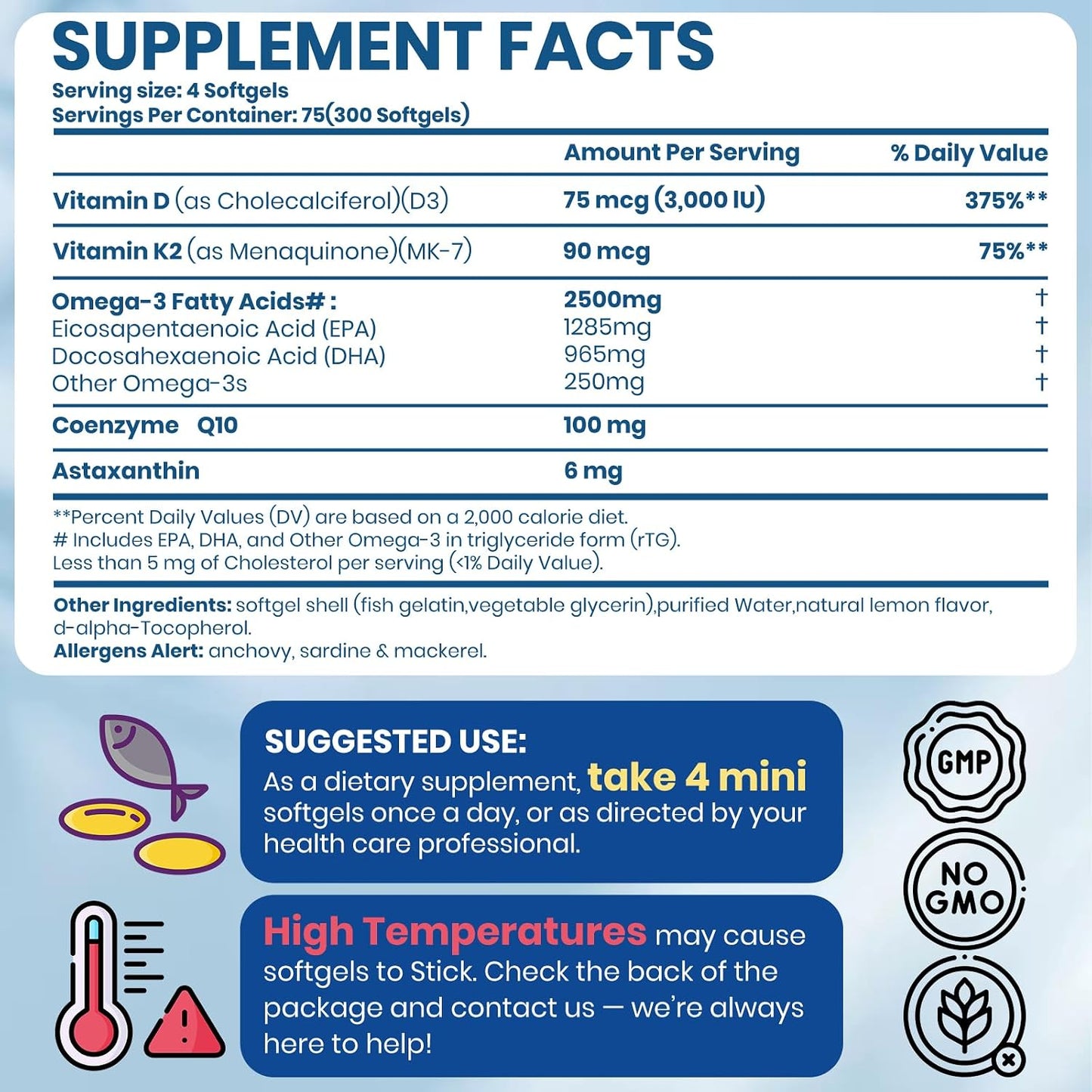 Omega 3 Fish Oil with Vitamin D3 K2 – 300 Lemon Flavored Burpless Softgels | High EPA & DHA rTG Formula with CoQ10 & Astaxanthin | Gluten-Free, Non-GMO