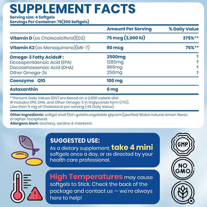Omega 3 Fish Oil with Vitamin D3 K2 – 300 Lemon Flavored Burpless Softgels | High EPA & DHA rTG Formula with CoQ10 & Astaxanthin | Gluten-Free, Non-GMO