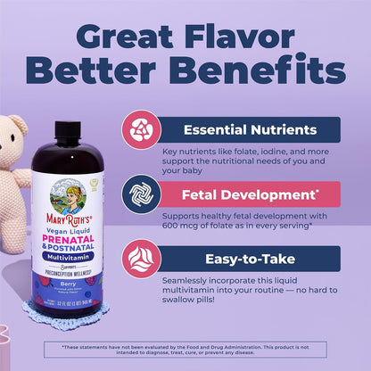 MaryRuth Organics Prenatal & Postnatal Multivitamin for Women | Sugar Free | Formulated for Pre-Conception, Pregnancy & Nursing | Vegan | Non-GMO | Gluten Free | 32oz