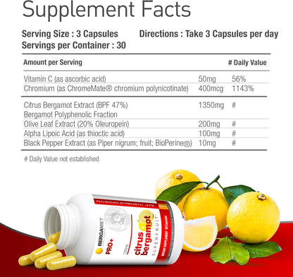 BergaMet Citrus Bergamot SuperFruit PRO+ Supplement, 200:1 Extract, 1350mg, 80% Polyphenols, Olive Leaf Extract, 47% BPF, World's Strongest, 90 Capsules, 1 Month, Made in the USA