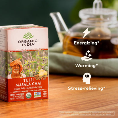 ORGANIC INDIA Tulsi Moringa Tea Bags - Holy Basil, Lemongrass, Moringa Leaves, Stress Relieving & Nourishing, Immune Support Tea, Vegan, Certified Organic, Caffeine-Free - 18 Infusion Bags, 6 Pack
