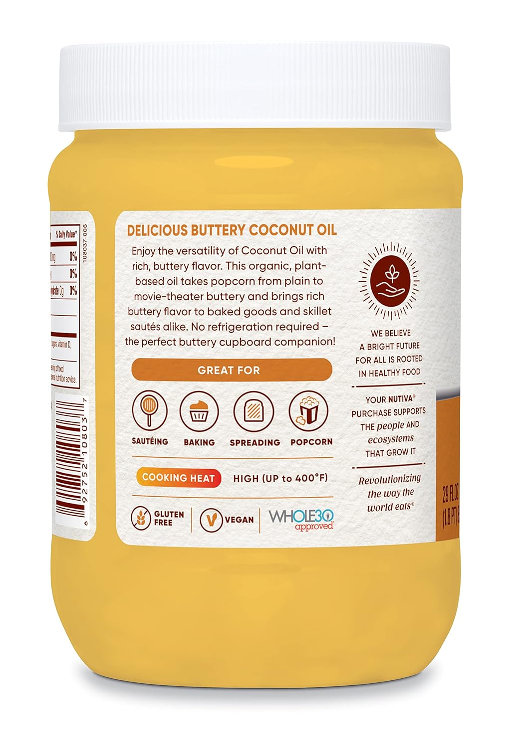 Nutiva Organic Coconut Oil with Non-Dairy Butter Flavor, USDA Organic, Non-GMO, Whole 30 Approved, Vegan & Gluten-Free, Plant-Based Replacement for Butter