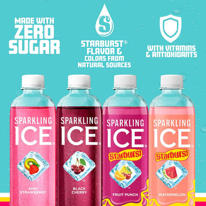 Sparkling Ice STARBURST Red Variety Pack, Zero Sugar Flavored Sparkling Water, Vitamins & Antioxidants, 17 fl oz, 12 count (Kiwi Strawberry, Black Cherry, Starburst Fruit Punch, Starburst Watermelon)