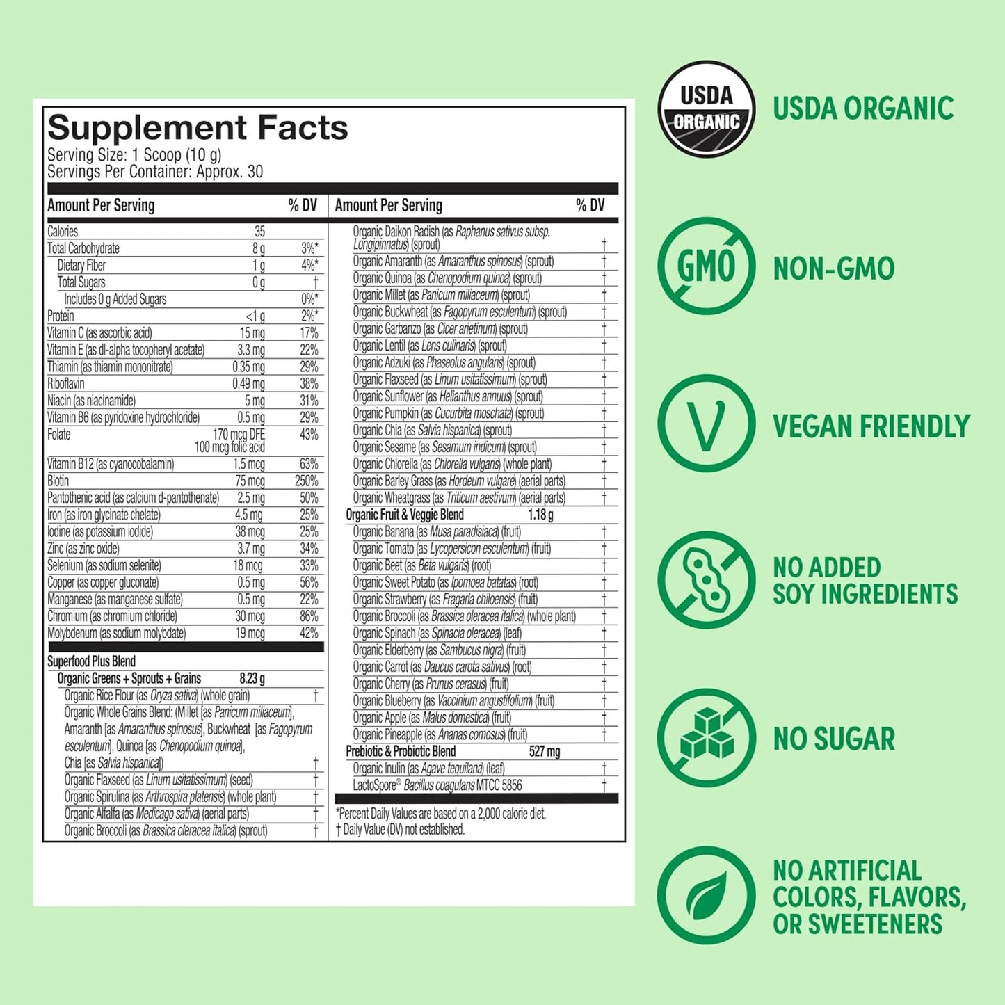 Purely Inspired Organic Greens Powder Superfood Smoothie Mix, Unflavored (30 Servings) - Super Greens with Probiotics, Spirulina & Chlorella for Gut & Digestive Health - Vegan