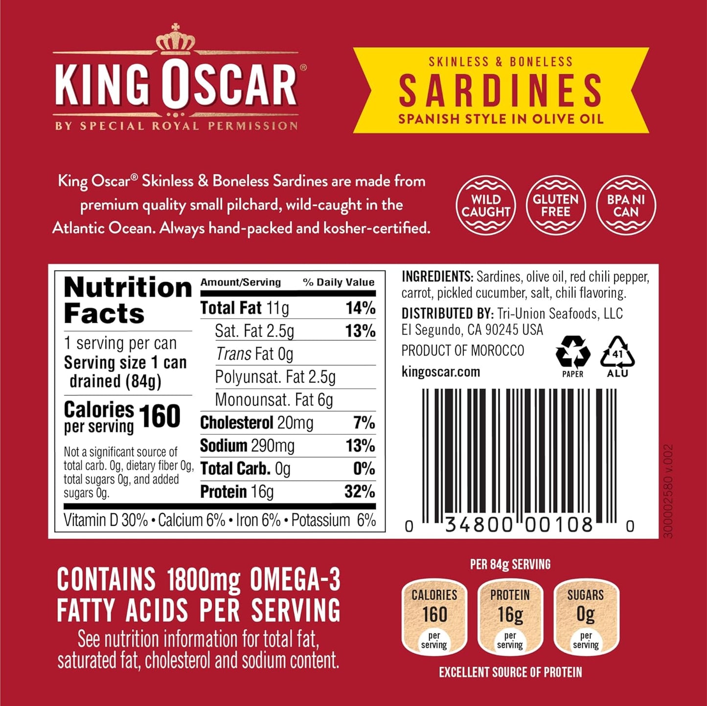 King Oscar Sardines in Water, 4.23 Ounce Cans (Pack of 1( Packaging May Vary), Skinless & Boneless, Wild Caught Canned Sardines, Low Sodium