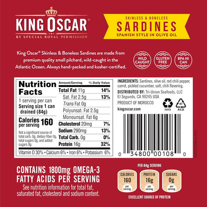 King Oscar Sardines in Water, 4.23 Ounce Cans (Pack of 1( Packaging May Vary), Skinless & Boneless, Wild Caught Canned Sardines, Low Sodium