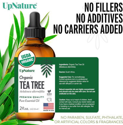 UpNature Organic Tea Tree Oil - 100% Pure Tea Tree Essential Oils for Skin Hair Toenail Body and Scalp, 2oz
