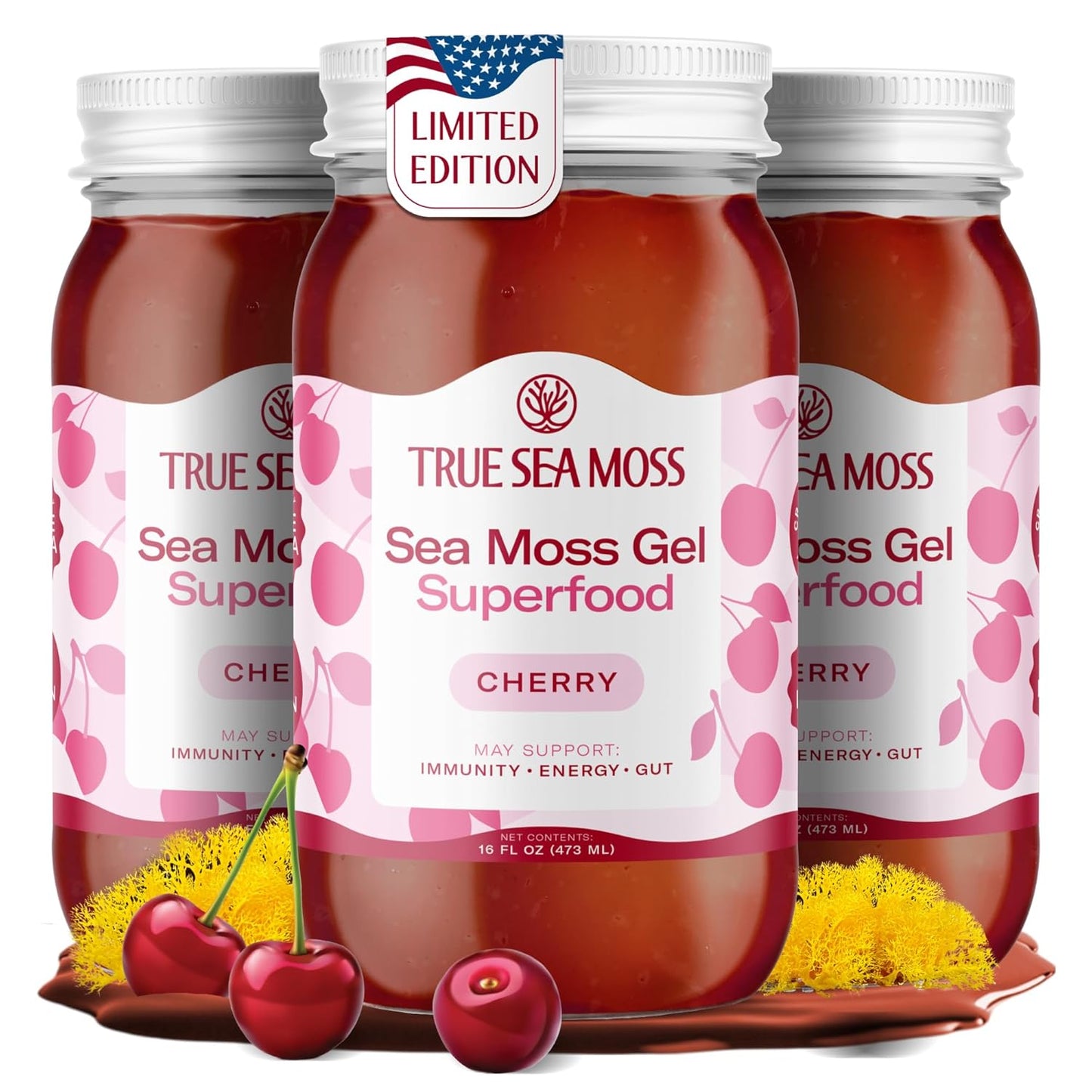 TrueSeaMoss Sea Moss Gel – Limited Edition – Made in USA – Wildcrafted Seamoss, Fresh Fruits & Sea Vegetables – Cherry, Pack of 1 (Labels May Vary)