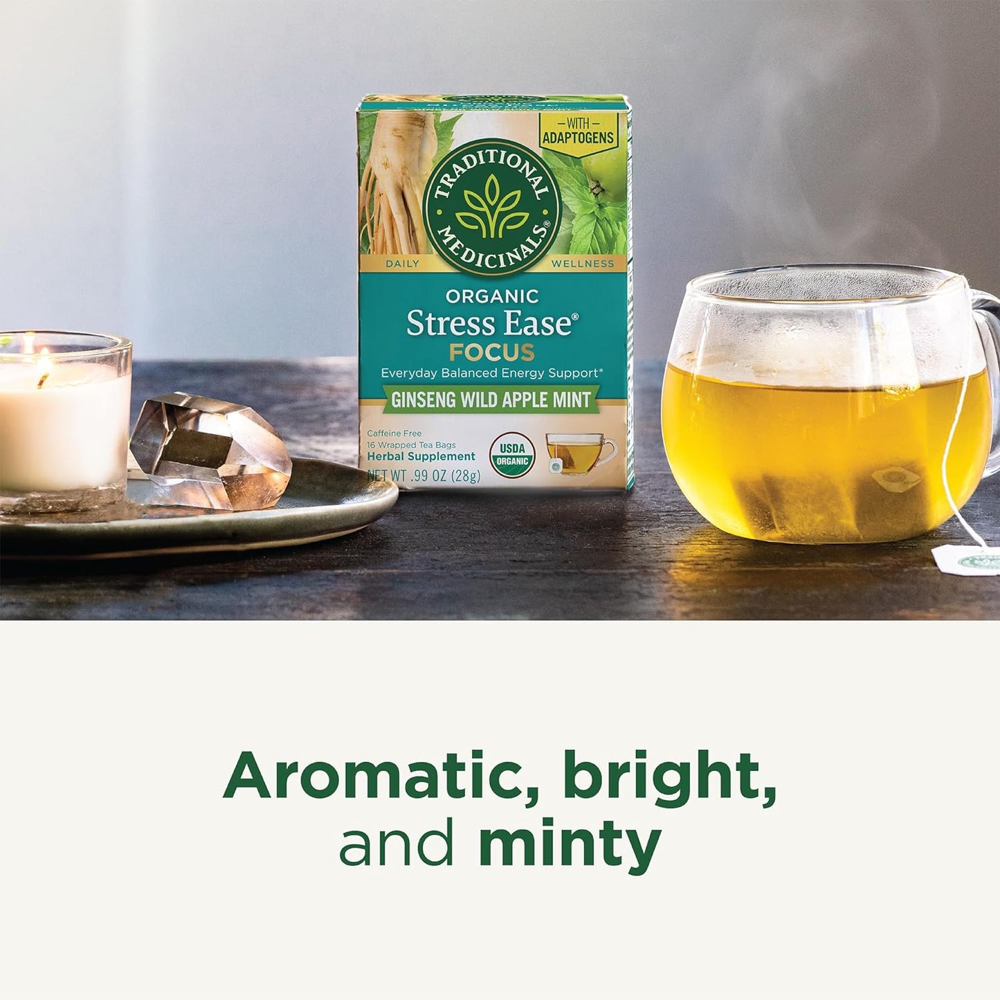 Traditional Medicinals Tea, Organic Stress Ease Focus, with Adaptogens, Everyday Balanced Energy, Ginseng Wild Apple Mint, 16 Tea Bags (Pack of 2)