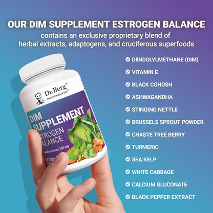 Dr. Berg DIM Supplement Estrogen Balance - Original Estrogen Supplement for Women with Diindolylmethane for Menstrual Symptoms & Menopause Relief & Black Pepper for Enhanced Absorption - 60 Capsules