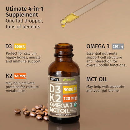 (1 Pack) Organic Vitamin D3 K2 Drops w MCT Oil Omega 3, 5000 IU, Vitamin D Liquid 5000 IU, No Fillers, Non-GMO Liquid D3 for Body’s Defenses & Faster Absorption, Unflavored, 2 Fl Oz Liquid Vitamin D3