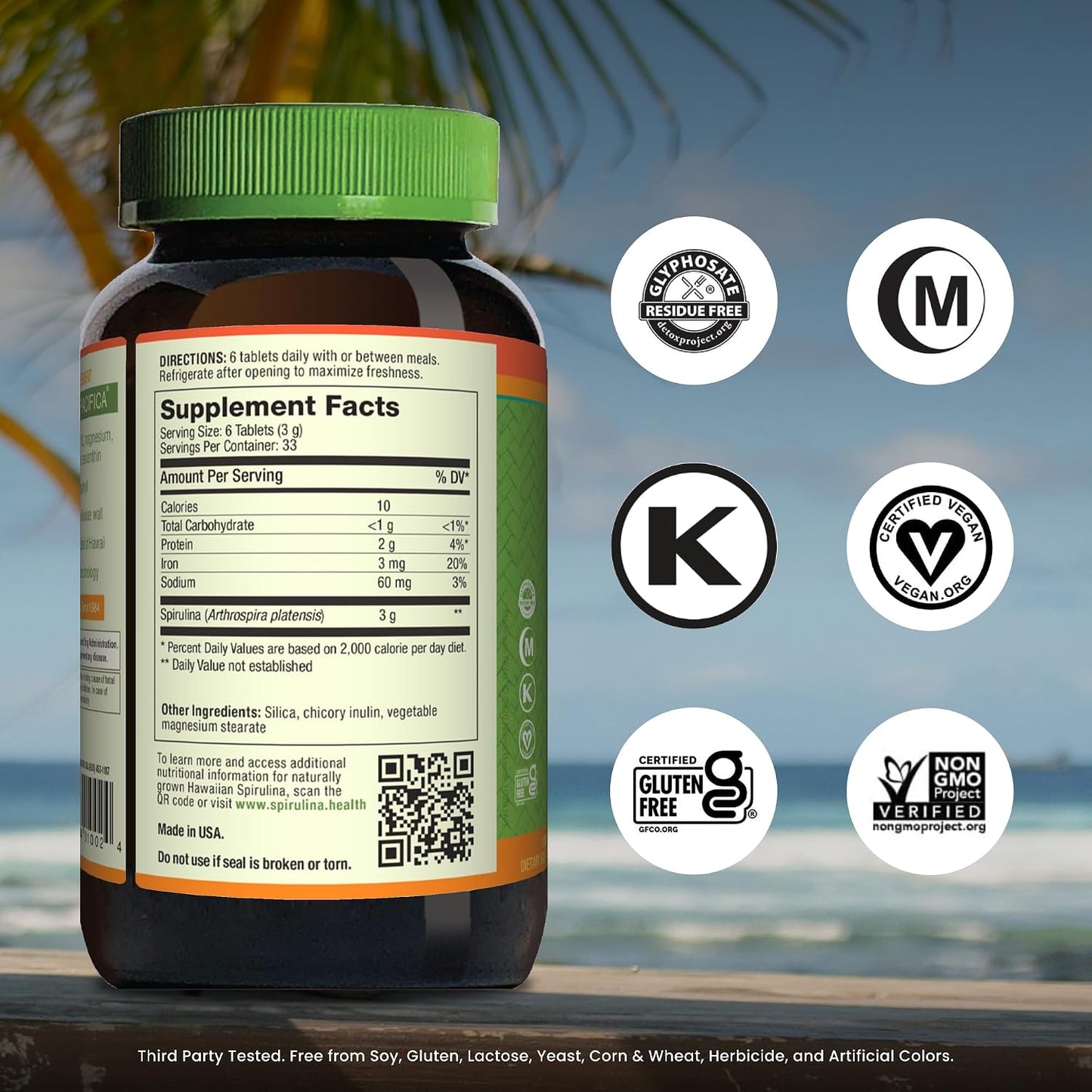 Nutrex Hawaii Pure Hawaiian Spirulina Tablets, Vegan, 500 mg, 200 Count | Spirulina Farm Grown in Kona, Hawaii, Non-GMO, Glyphosate Residue Free, 3rd Party Tested, 60% Protein, Superfood Supplement