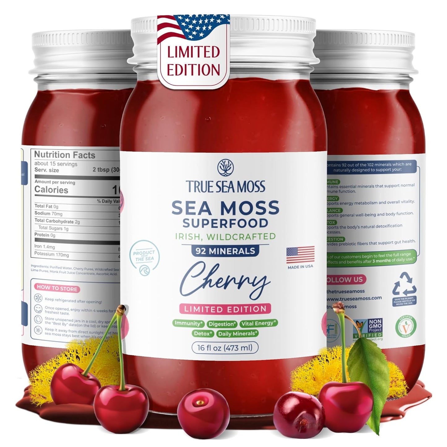 TrueSeaMoss Sea Moss Gel – Limited Edition – Made in USA – Wildcrafted Seamoss, Fresh Fruits & Sea Vegetables – Cherry, Pack of 1 (Labels May Vary)