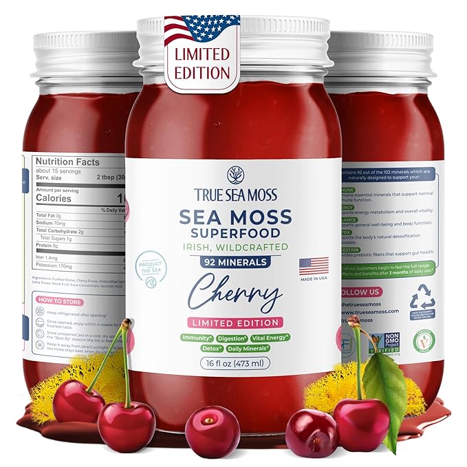 TrueSeaMoss Sea Moss Gel – Limited Edition – Made in USA – Wildcrafted Seamoss, Fresh Fruits & Sea Vegetables – Cherry, Pack of 1 (Labels May Vary)