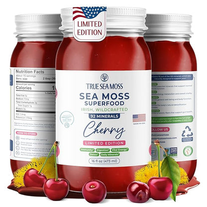 TrueSeaMoss Sea Moss Gel – Limited Edition – Made in USA – Wildcrafted Seamoss, Fresh Fruits & Sea Vegetables – Cherry, Pack of 1 (Labels May Vary)
