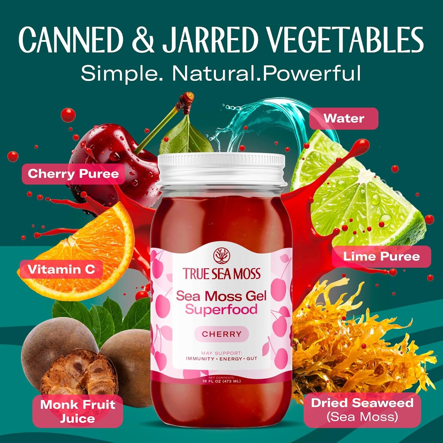 TrueSeaMoss Sea Moss Gel – Made in USA – Wildcrafted Seamoss, Fresh Fruits & Sea Vegetables – Cherry, Pack of 1 (Labels May Vary)