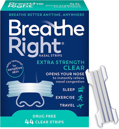 Breathe Right Nasal Strips, Extra Strength Clear Nose Strips, Drug Free Nasal Congestion Relief for Better Breathing, Help Relieve Snoring, Caused by Colds & Allergies, Deviated Septum, 44ct