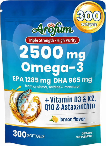 Omega 3 Fish Oil with Vitamin D3 K2 – 300 Lemon Flavored Burpless Softgels | High EPA & DHA rTG Formula with CoQ10 & Astaxanthin | Gluten-Free, Non-GMO