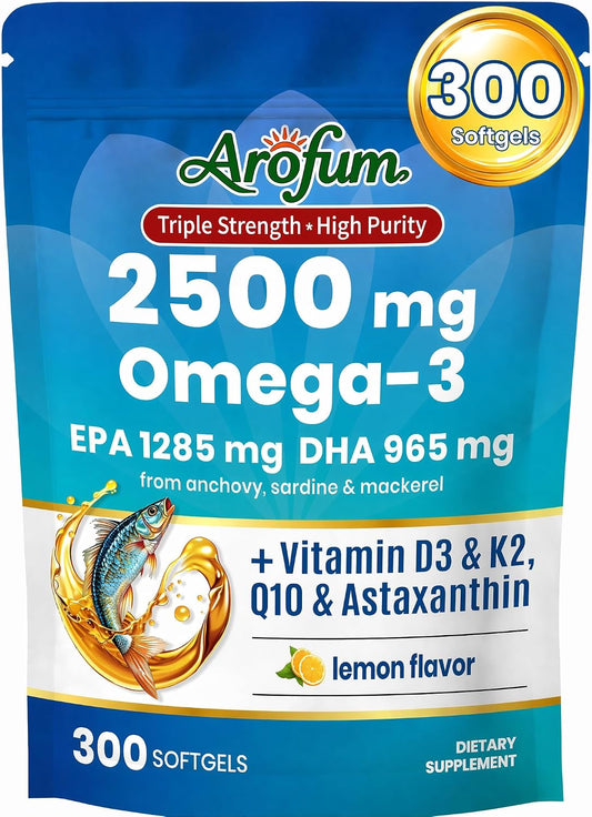Omega 3 Fish Oil with Vitamin D3 K2 – 300 Lemon Flavored Burpless Softgels | High EPA & DHA rTG Formula with CoQ10 & Astaxanthin | Gluten-Free, Non-GMO