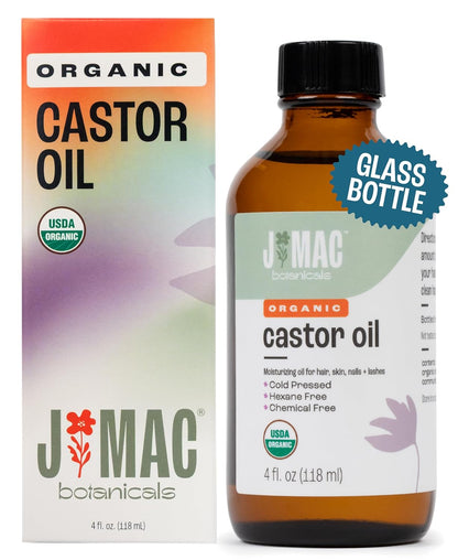J MAC BOTANICALS Organic Castor Oil Cold Pressed in Amber Glass Bottle (4oz, NO DROPPER) USDA Certified, Hexane Free - Moisturizing Oil for Hair, Skin, Face, Eyelashes, Brows, Nails, and Castor Wraps