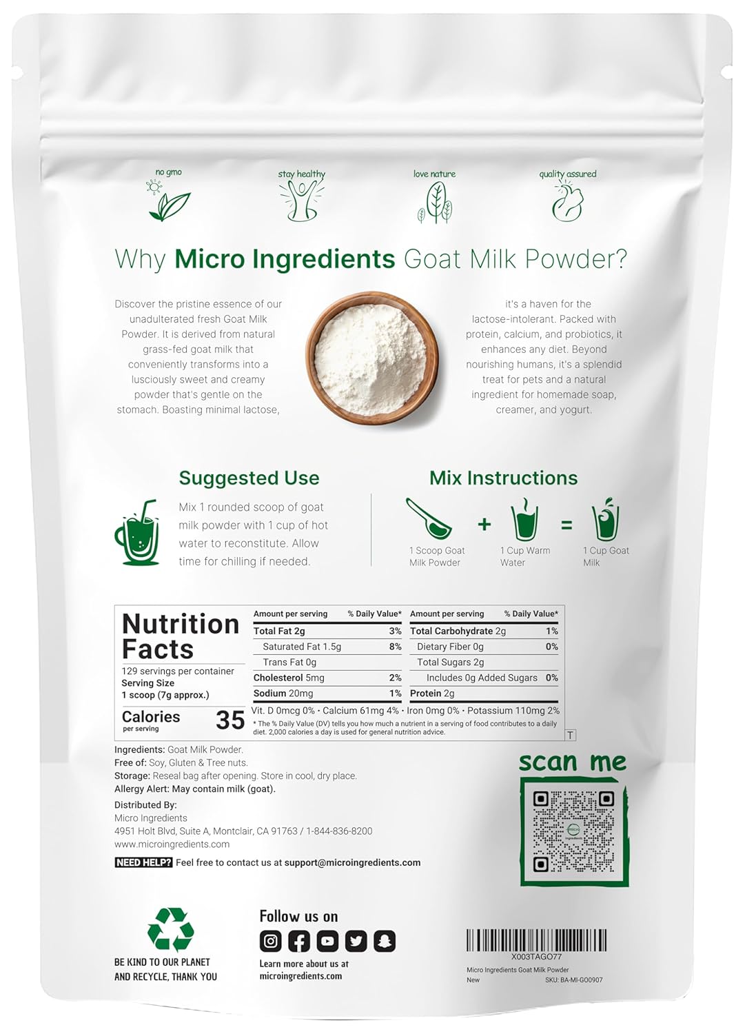 Micro Ingredients Goat Milk Powder,| Grass-Fed Australian Source | Pure, Easily Digested Formula | High in Protein, Calcium & Probiotics | Non-GMO, Gluten-Free, Pet Friendly