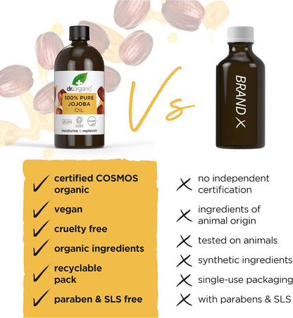 Dr Organic Jojoba Oil, 100% Pure & Natural, Moisturising, Multi Action, Face, Body & Hair, Massage, Carrier Oil, Aromatherapy, Vegan, Cruelty Free, Paraben & SLS Free, Certified Organic, 100ml
