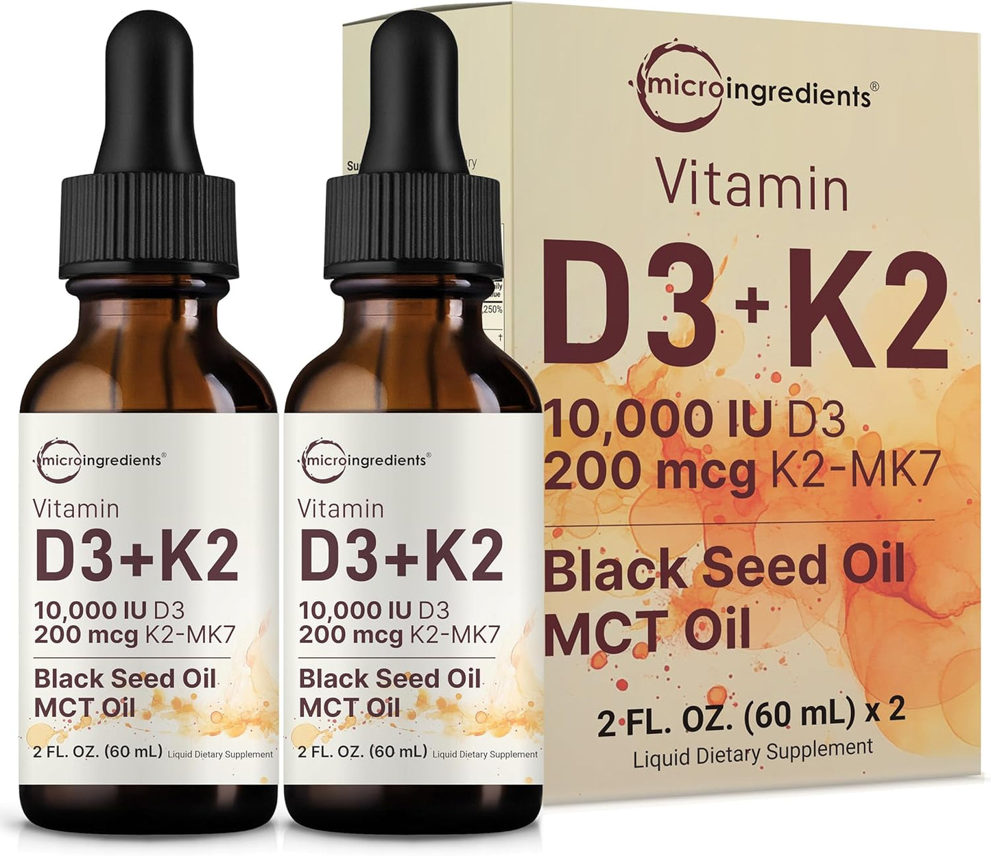 Micro Ingredients 2 Pack Vitamin D3 10000 iu + K2 (MK-7) 200 mcg Drops, 4 fl oz | Plus Black Seed & MCT Oil | 4-in-1 Bone, Immune, & Heart Health Support | Easy Absorption