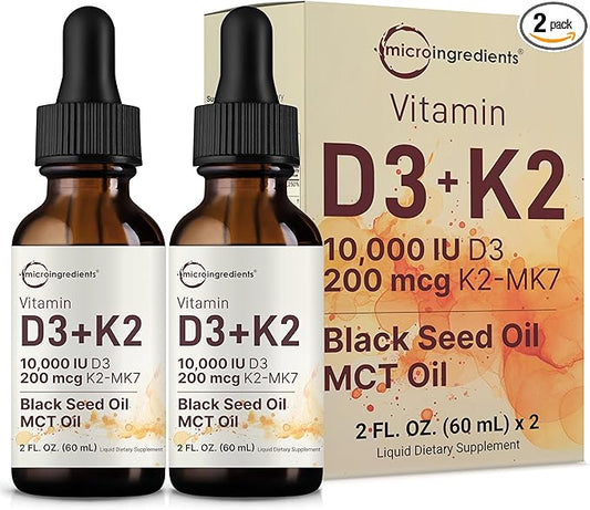 Micro Ingredients 2 Pack Vitamin D3 10000 iu + K2 (MK-7) 200 mcg Drops, 4 fl oz | Plus Black Seed & MCT Oil | 4-in-1 Bone, Immune, & Heart Health Support | Easy Absorption