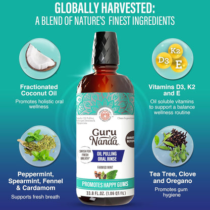 GuruNanda CocoMint Oil Pulling Mouthwash for Complete Oral Hygiene, 7 Essential Oils & Vitamins for Happy Teeth & Gums & Fresh Breath, Alcohol-Free, 16 oz