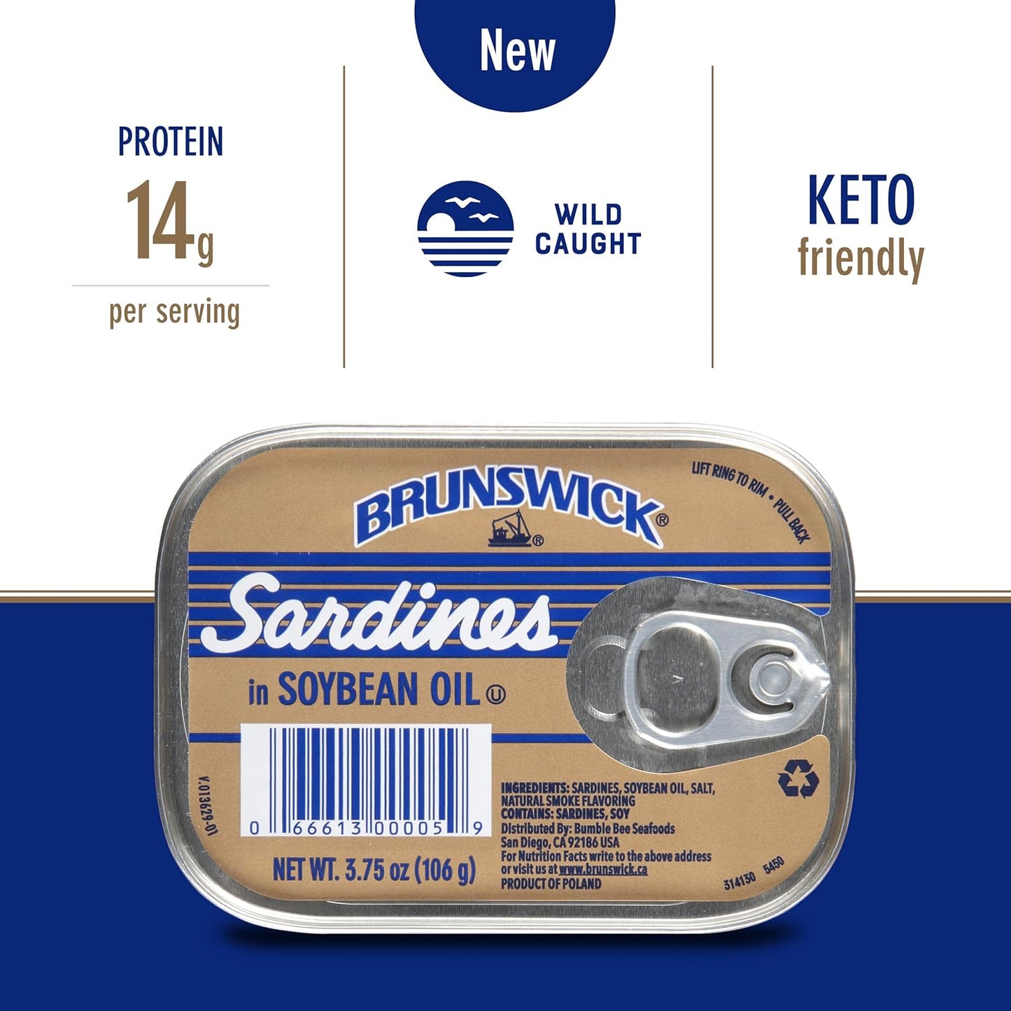 Brunswick Wild Caught Sardines in Soybean Oil, 3.75 oz Can (Pack of 12) - 14g Protein per Serving - Gluten Free, Keto Friendly, Kosher